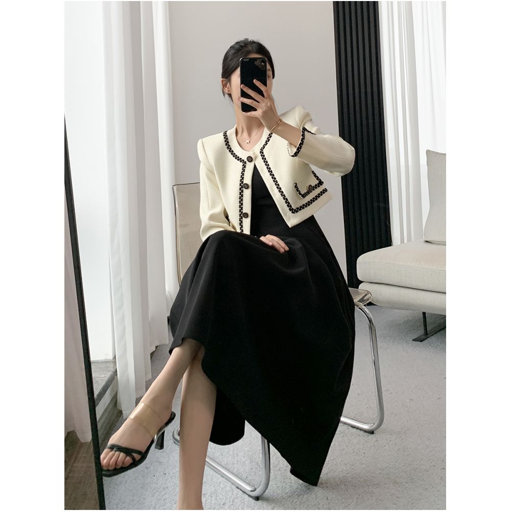 Guoge s black camisole dress for women in the autumn of 2025 a two piece set of high end French style small fragrant jacket image 1