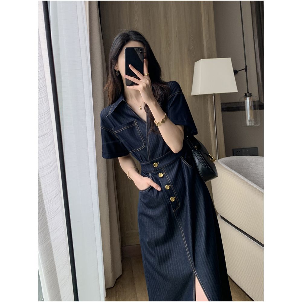 FT GUOGE denim dress for women in the summer of 2025 with a sense of luxury retro style waist cinching slimming temperament commuting long skirt image 0
