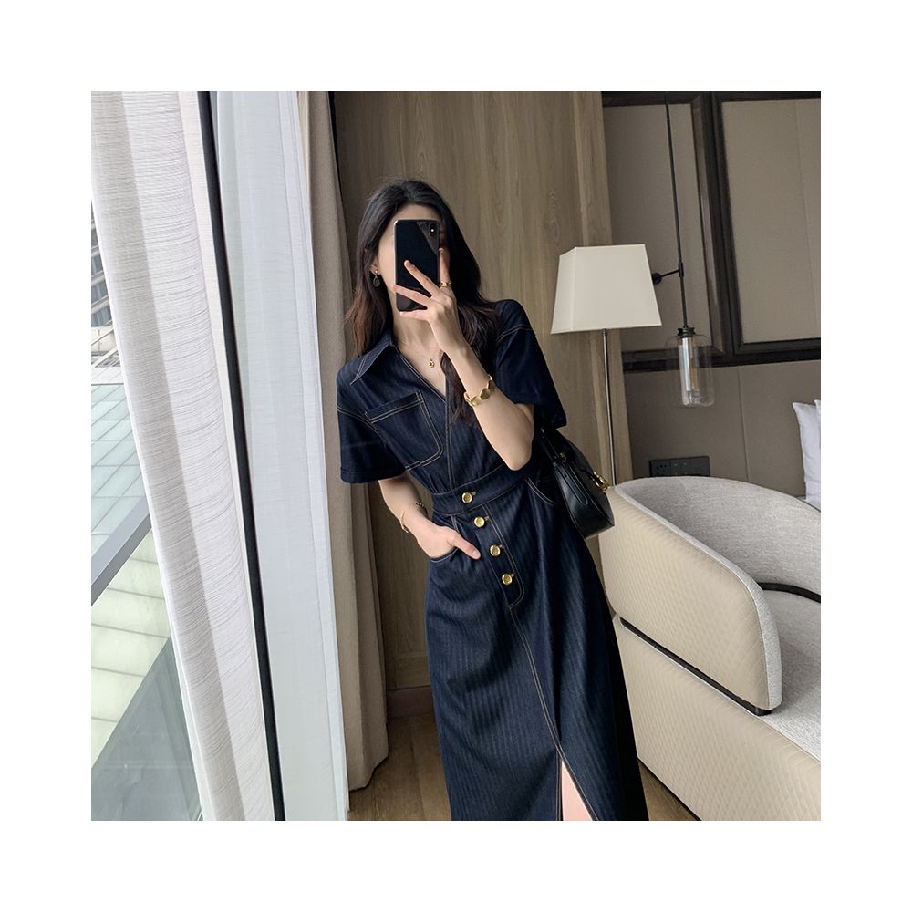FT GUOGE denim dress for women in the summer of 2025 with a sense of luxury retro style waist cinching slimming temperament commuting long skirt image 9