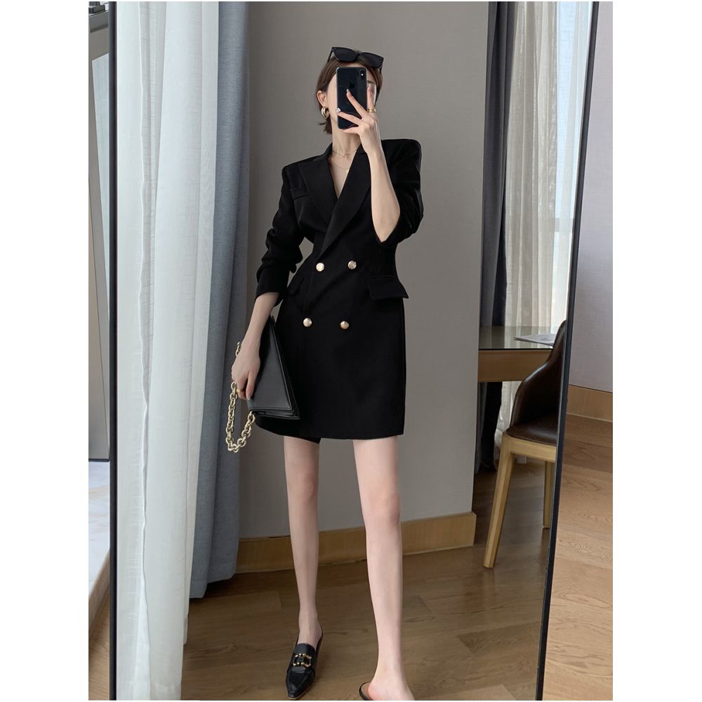 FT GUOGE black suit dress 2025 autumn new style high end feeling waist cinching slimming temperament goddess style skirt image 3
