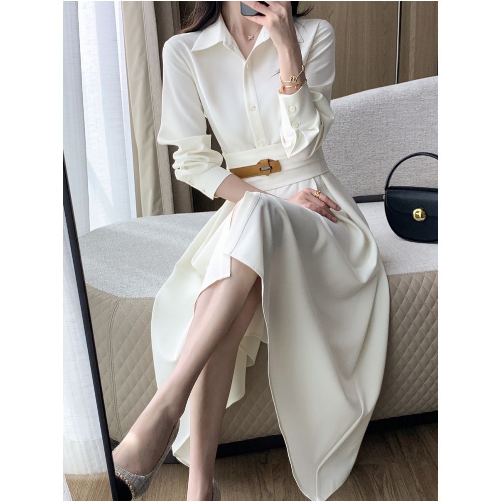 Guoge s off white shirt dress for women in the autumn of 2025 with a waist cinching and slimming style a long sleeved commuting dress image 3