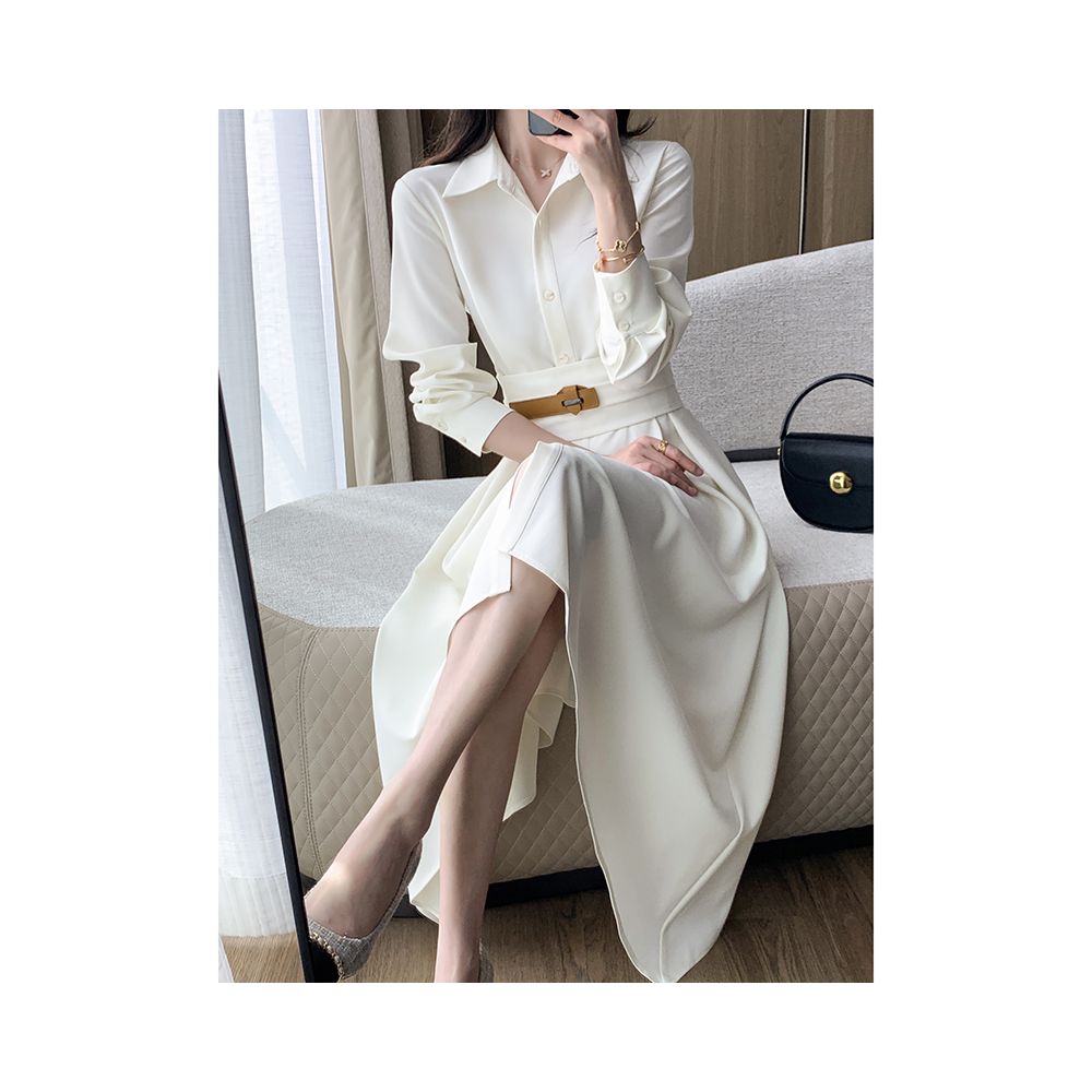 Guoge s off white shirt dress for women in the autumn of 2025 with a waist cinching and slimming style a long sleeved commuting dress image 2