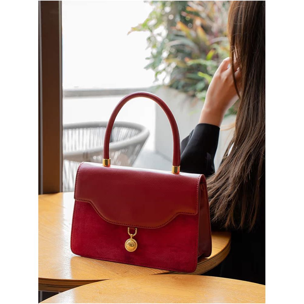 Luan Feng He Ming Red Velvet Wedding Bag Crossed Small Square Bag Premium Handheld Show Wofu Engagement Bridal Bag image 3