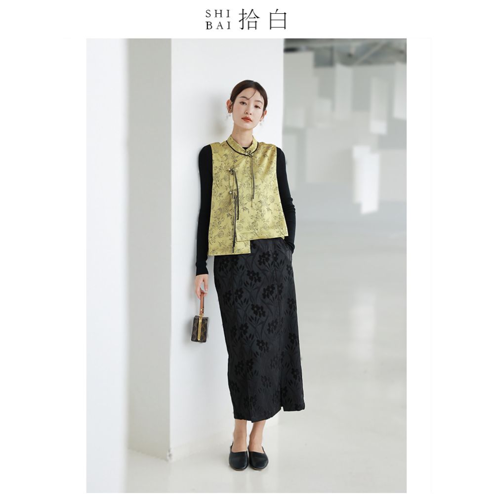 SHIBAI Innovation Chinese Spring and Autumn Silk Jacquard Exquisite National Style Stand up Collar Short Coat Top image 12