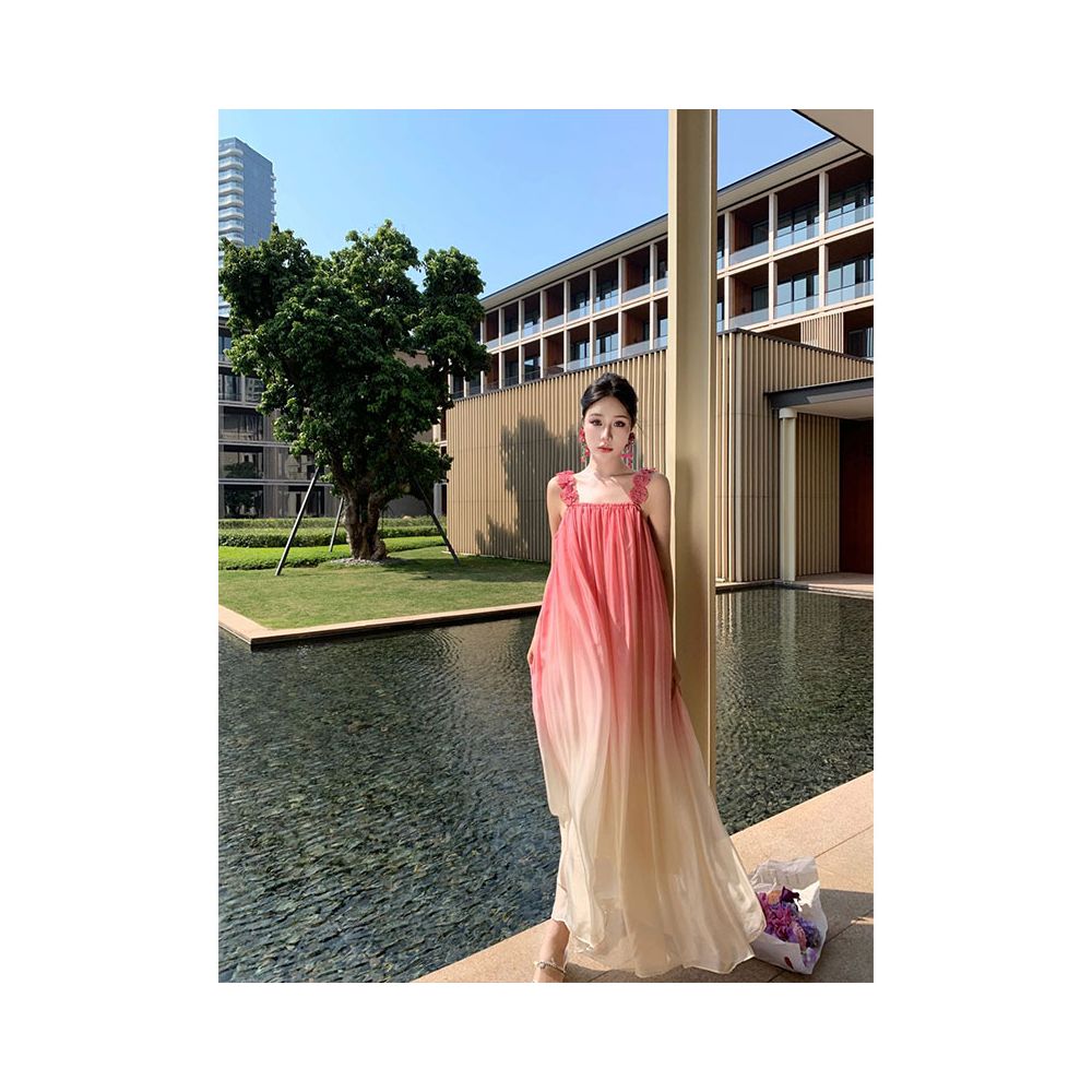 Temperament socialite high end feeling gradually changing color big swing dress women s summer new loose and atmospheric flower suspender dress image 2