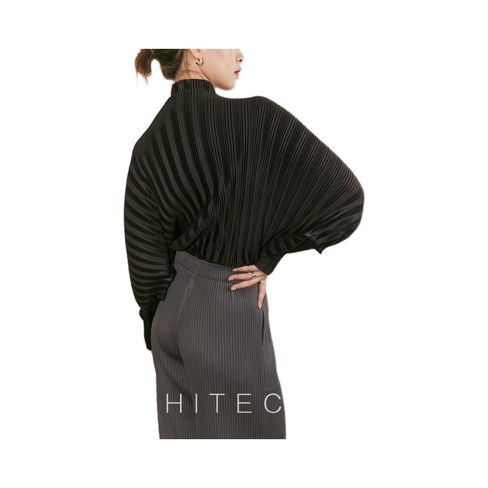 2024 Spring and Autumn New Three House Style Folded Long Sleeve T shirt Bottom Shirt Artistic Loose Pleats High Neck Top for Women image 5