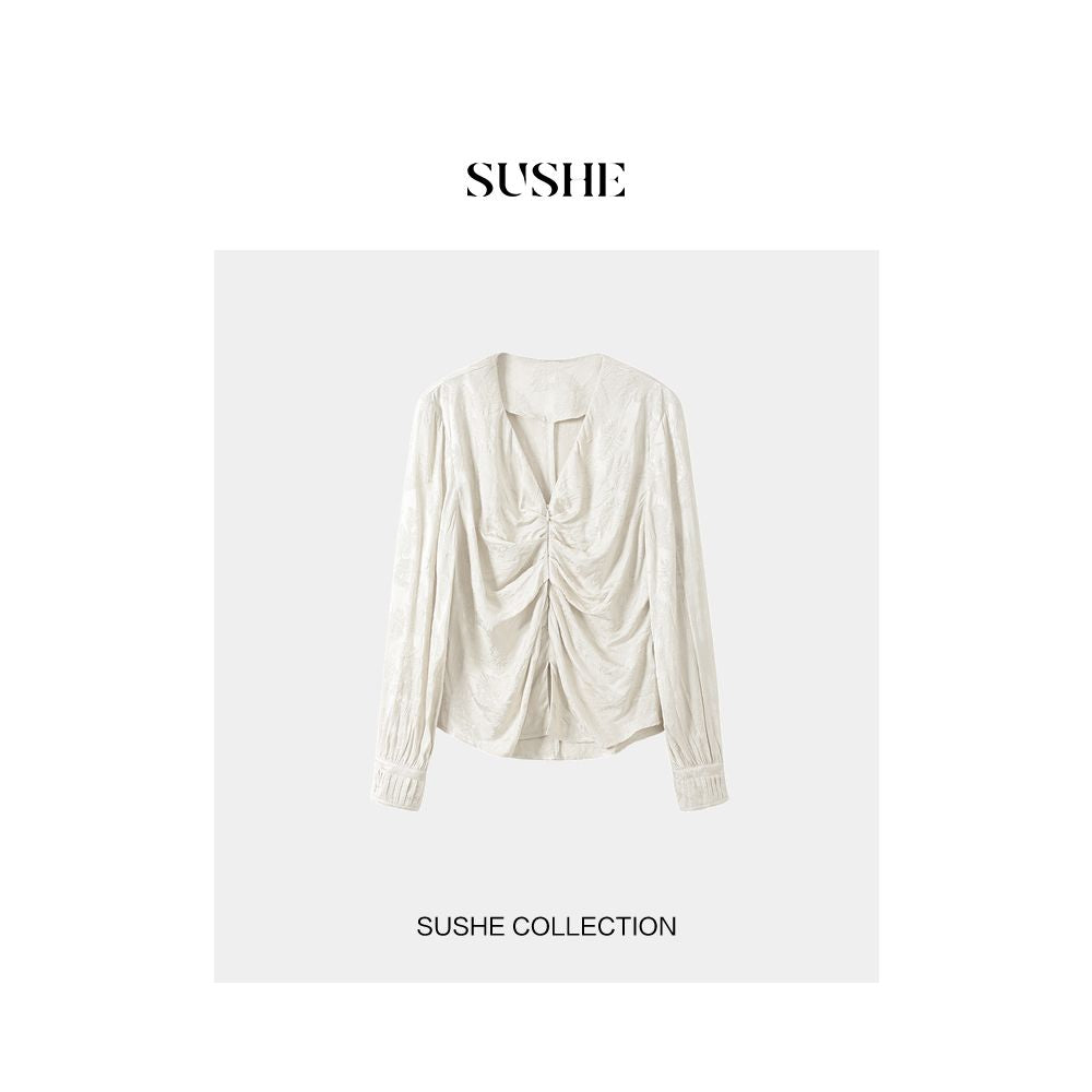 Oulai sells SUSHE new Chinese style V neck white jacquard style slimming shirt top for women in autumn image 11