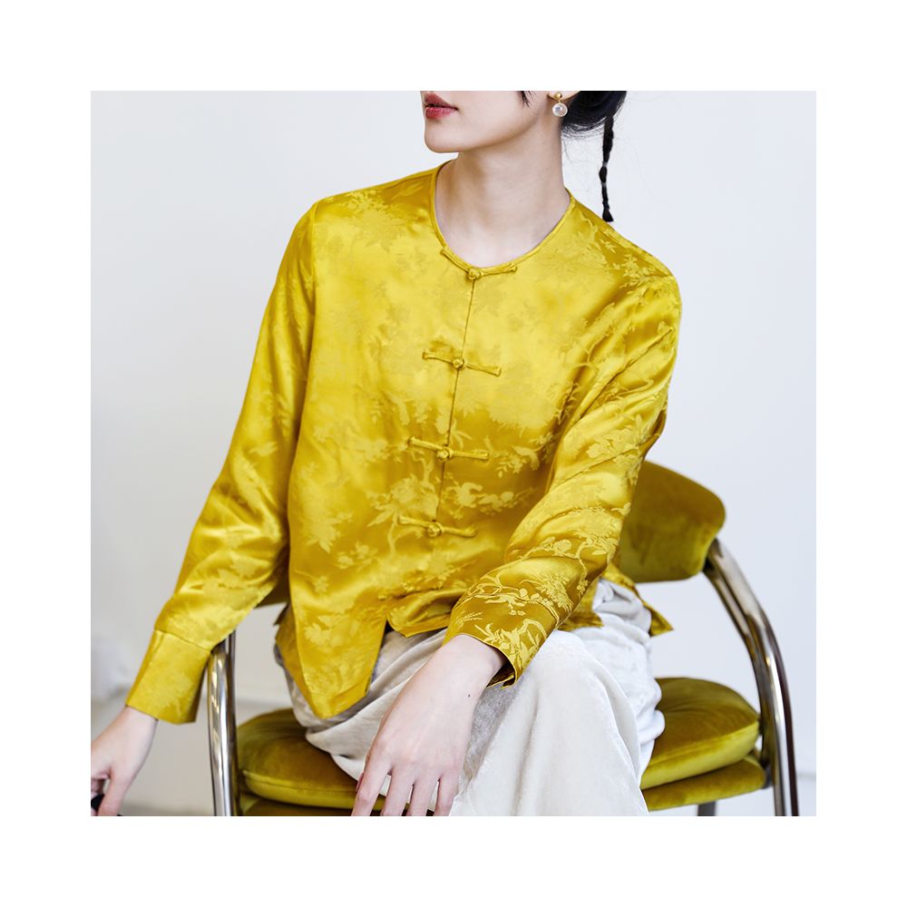 Taozhi Yaoyao 2023 Spring Summer Honey Language Literature Chinese Flower and Bird Pattern Round Neck Long Sleeve Short Crooked Button Shirt image 14