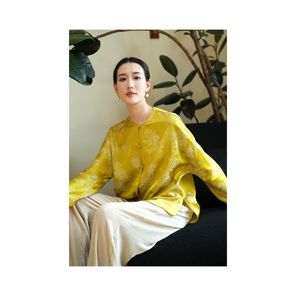 Taozhi Yaoyao 2023 Autumn Lemon Chinese style artistic large flower round neck long sleeved versatile loose cardigan for spring and autumn image 6