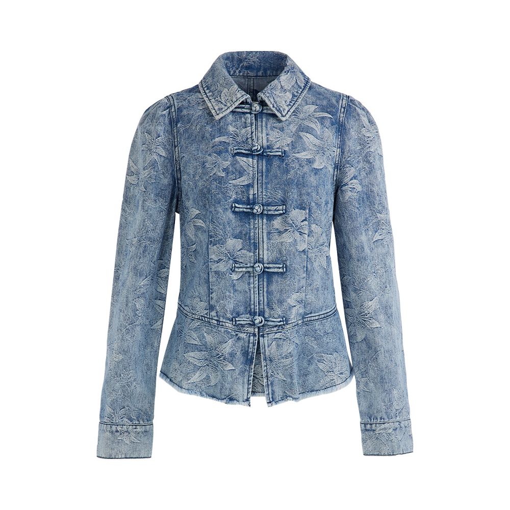Li Xueqin s same style deep cotton denim jacket with flowers and trees jacquard top buttoned Chinese style waist cinching short jacket image 15