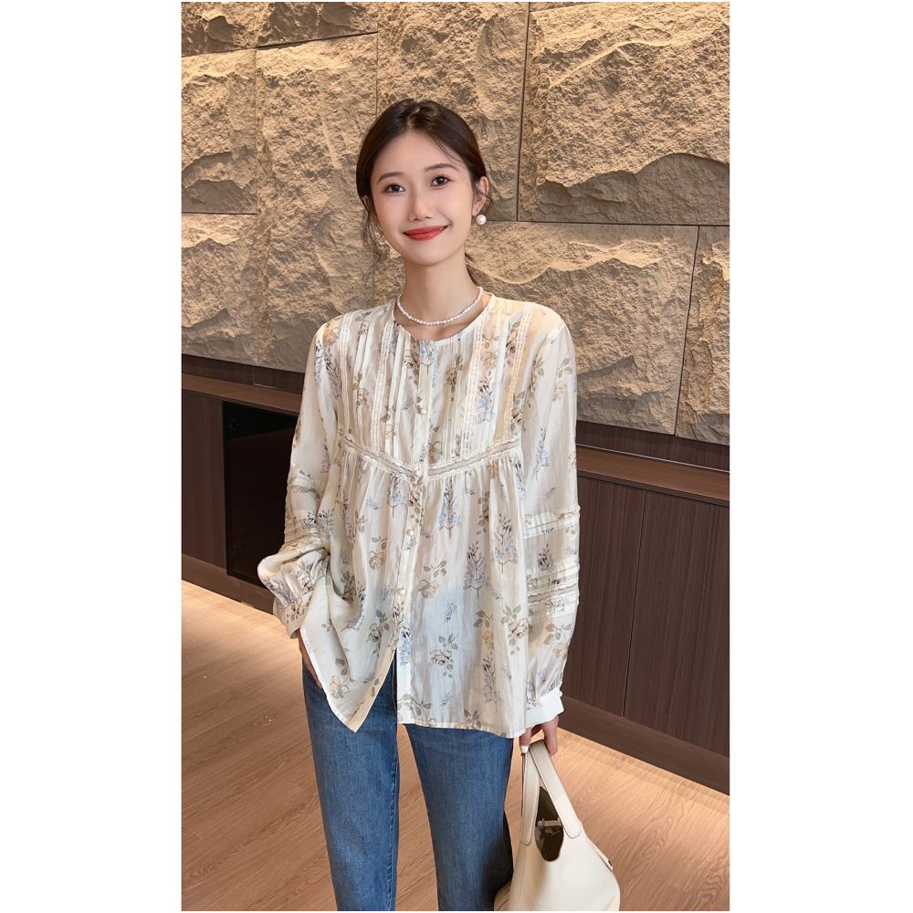 Qiqijia Design Sense Round Neck Floral Blouse Women s 2024 Autumn New Product Unique Single breasted Long sleeved Shirt image 3
