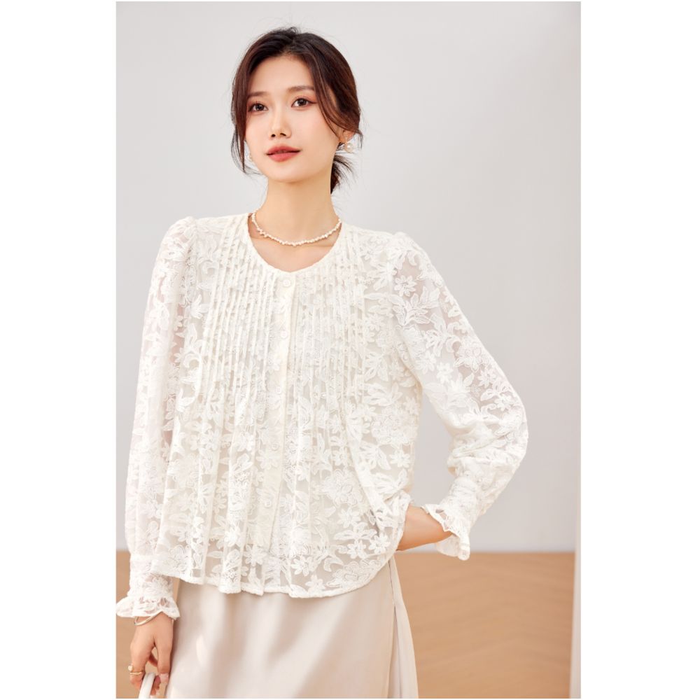 Qiqijia Rice White Round Neck Lace Flower Shirt 2024 Autumn New Product Casual Versatile Chiffon Top image 1