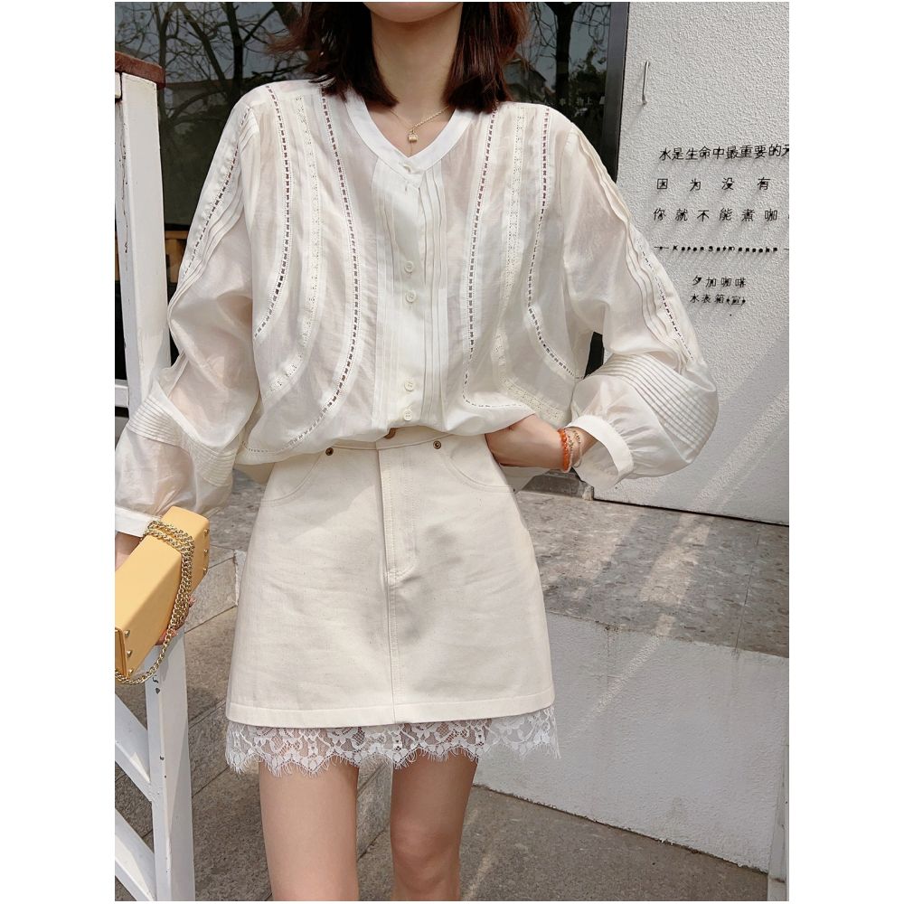 A line denim short skirt 2024 spring new style skirt with lace and lace stitching high waisted skirt for children image 1