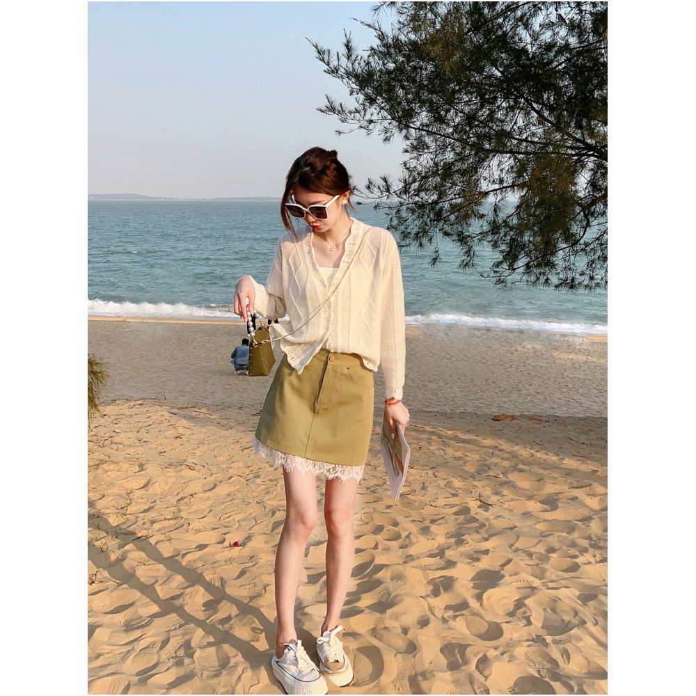 A line denim short skirt 2024 spring new style skirt with lace and lace stitching high waisted skirt for children image 21