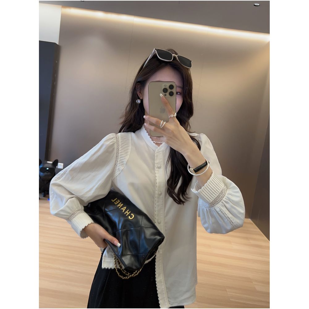 Qiqijia Shoulder Sleeve Splicing Crimson Lace Lace White Shirt 2024 Autumn New Product Women s Long Sleeve Shirt image 13