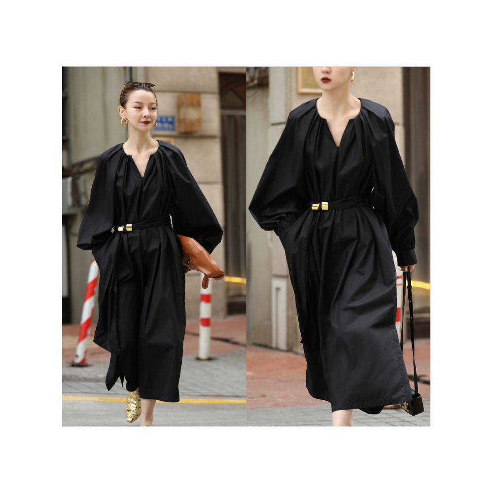 Mogas atmosphere high street B backup temperament casual and slimming V neck mid length dress for women in spring image 3