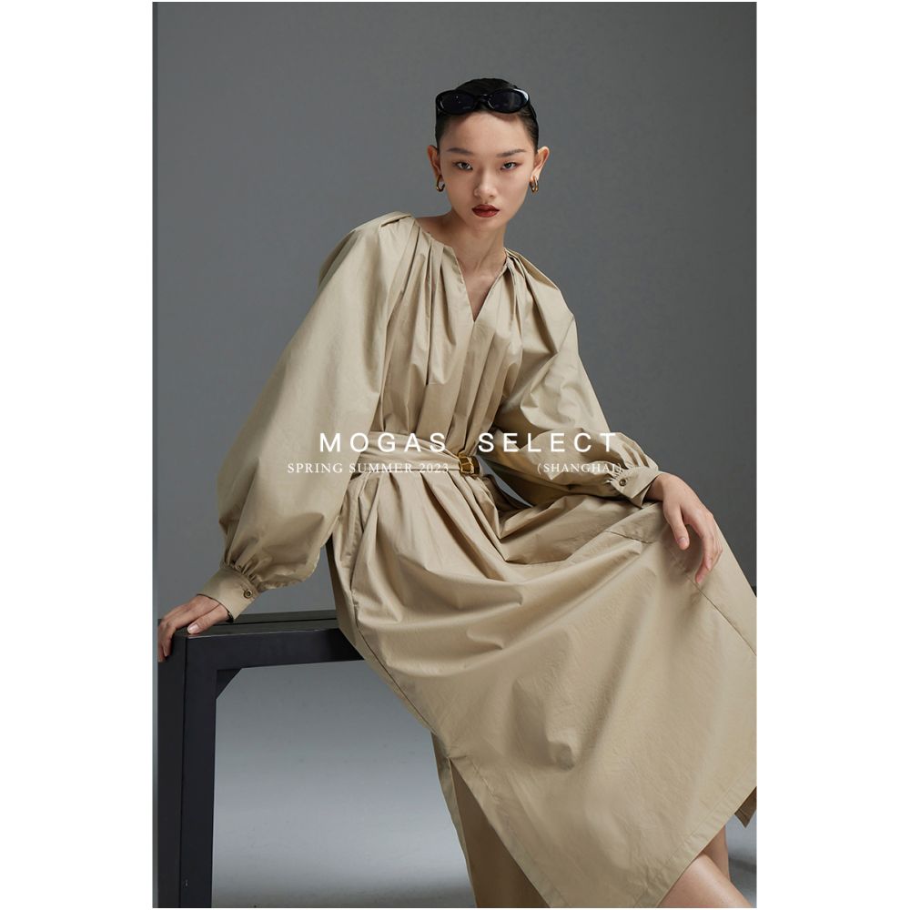 Mogas atmosphere high street B backup temperament casual and slimming V neck mid length dress for women in spring image 4