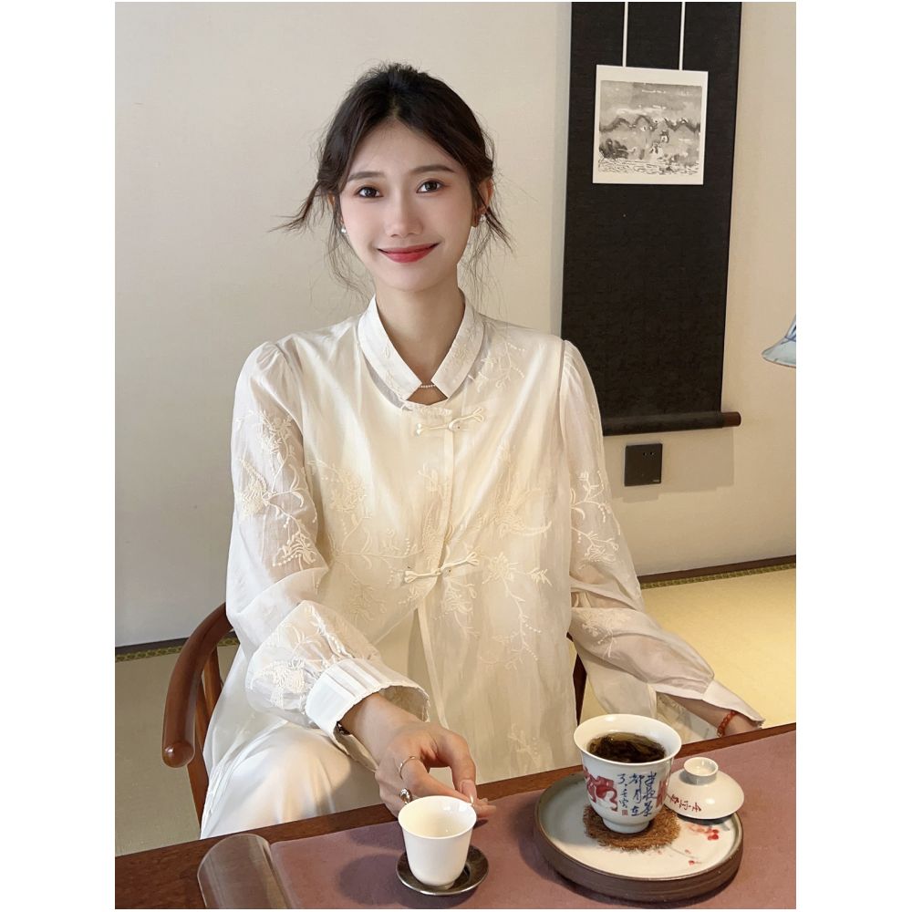 Qiqijia Rice Apricot Embroidered Double Plate Buckle Chinese Style Lining Dress 2024 Summer New Collection Stand Collar Two Piece Dress for Women image 1
