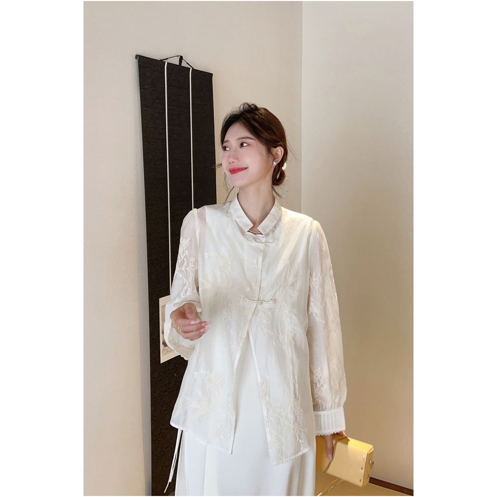 ASAYA2344 Qiqijiami Apricot Color Embroidered Double Disc Button National Style Shirt Skirt
