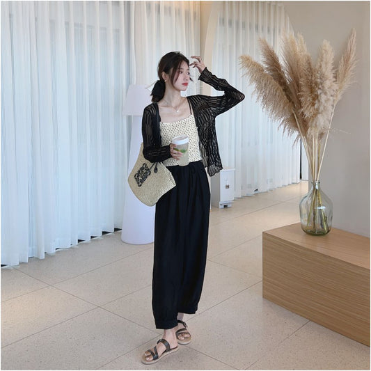 ASAYA2343 Qiqijia green high-waist pleated elastic waist tie-leg pants