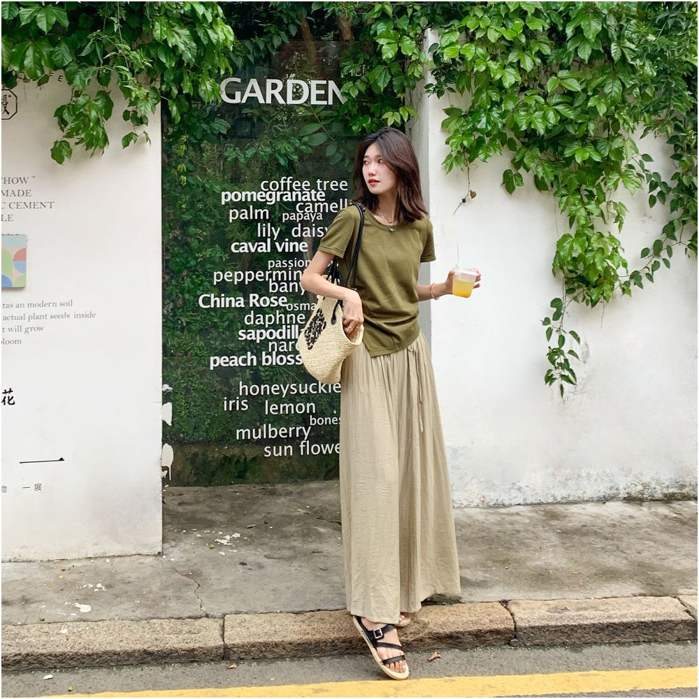 Qiqi Family Green High Waist Folded Elastic Waist Wide Leg Pants 2024 Summer New Loose Leg Tight Pants for Children image 22