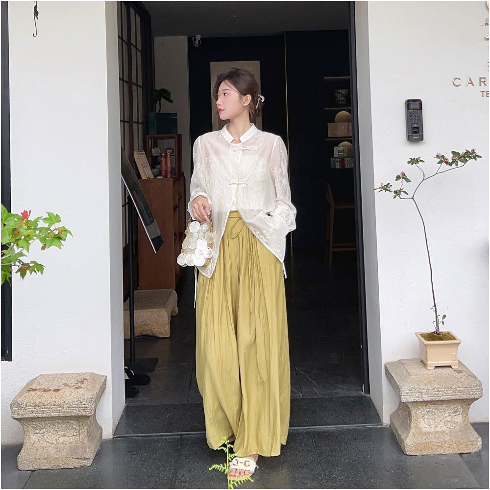 Qiqi Family Green High Waist Folded Elastic Waist Wide Leg Pants 2024 Summer New Loose Leg Tight Pants for Children image 25