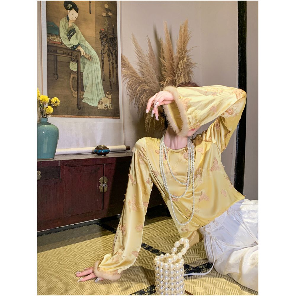 Break the code Yu Xiaoxiao Mirror Flower Butterfly Temperament 100 Silk Mink Cuffs Splicing Slim Shirt image 0