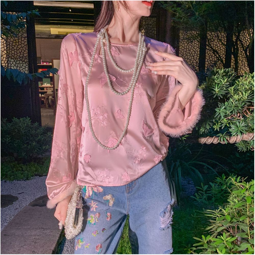 Break the code Yu Xiaoxiao Mirror Flower Butterfly Temperament 100 Silk Mink Cuffs Splicing Slim Shirt image 14