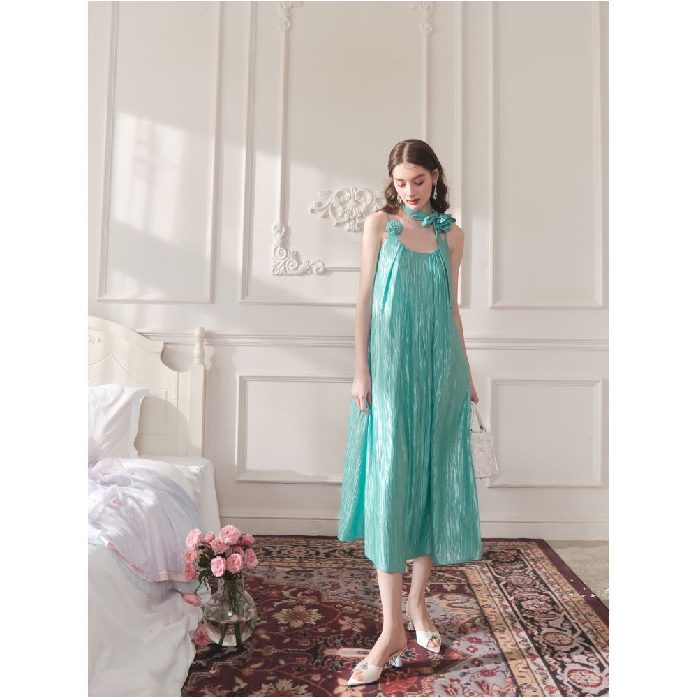 Broken code leak detection Yu Xiaoxiao Blue Mermaid Lady Elegant U neck Texture Long Strap Dress image 3