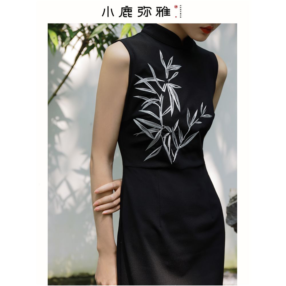 Xiaolu Miya Bamboo original design new Chinese style embroidered cheongsam sleeveless little black dress long dress summer image 0