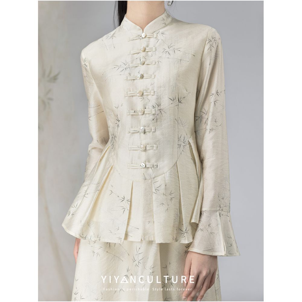 Yyan means to improve the new Chinese style bamboo pattern buckle shirt Chinese style spring and autumn retro printed suit for women image 7