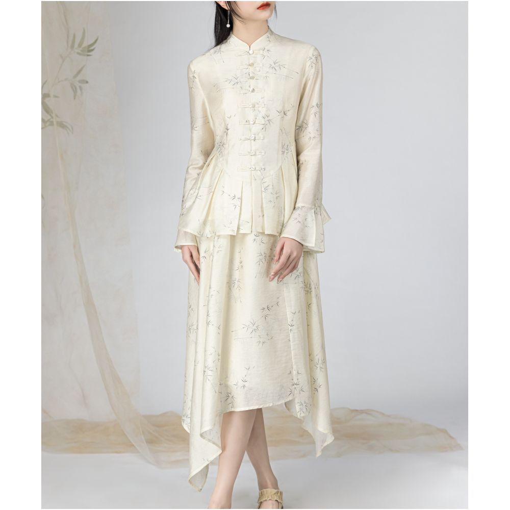 Yyan means to improve the new Chinese style bamboo pattern buckle shirt Chinese style spring and autumn retro printed suit for women image 14