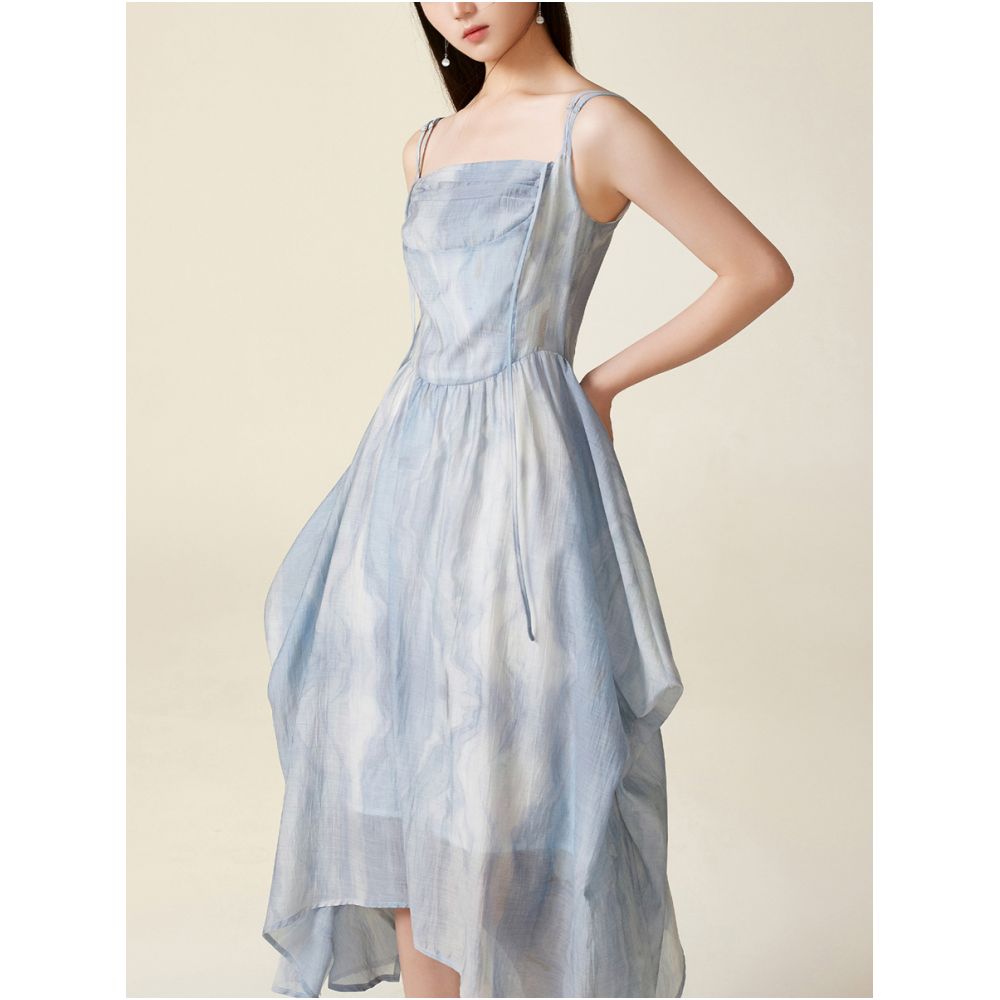 YYAN means blue gradient dyed sleeveless dress summer new style fresh and sweet waist cinching temperament suspender skirt image 4
