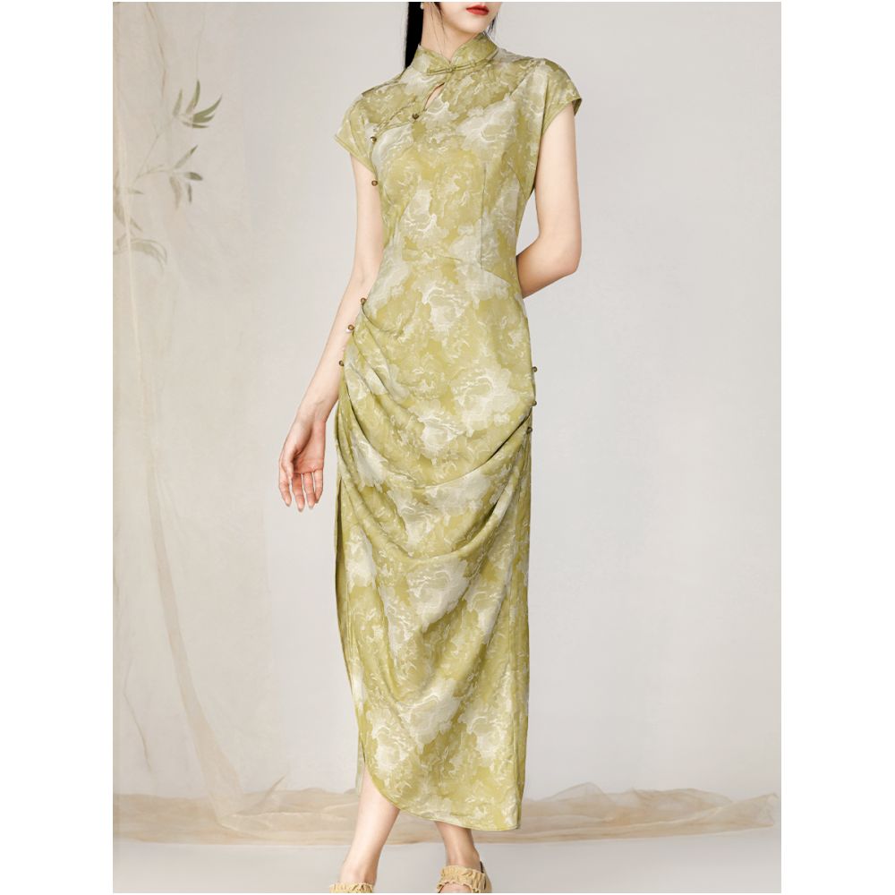 Yiyan New Chinese style Improved Cheongsam Skirt for Women in Summer Green Pattern Short Sleeve Chinese Style Pan Buckle Retro Split Dress image 0