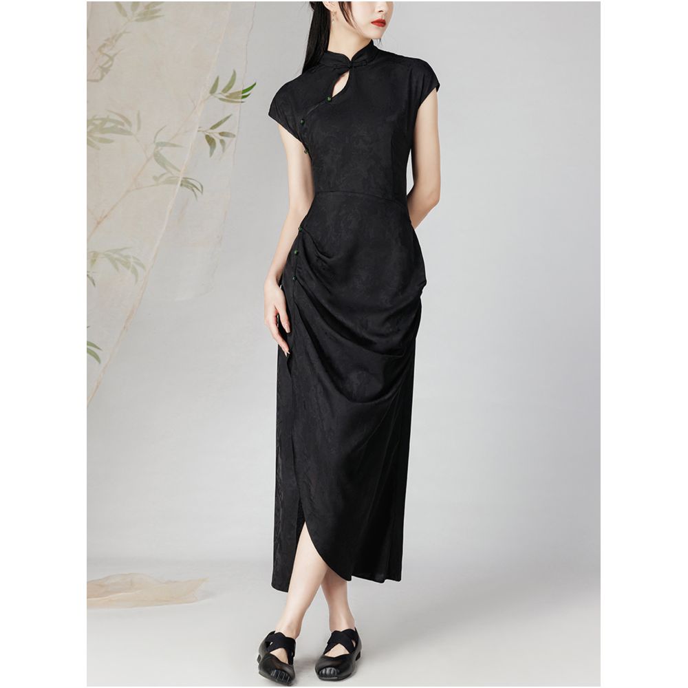 Yiyan New Chinese style Improved Cheongsam Skirt for Women in Summer Green Pattern Short Sleeve Chinese Style Pan Buckle Retro Split Dress image 21