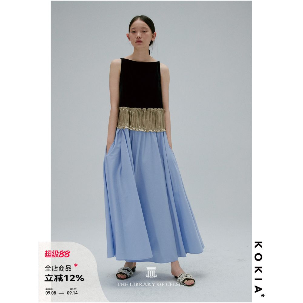 KOKIA Spot Oil Painting Color Matching Thin Velvet Acetate Three Section Splicing Dress One Collar Splicing Large Swing Skirt image 0