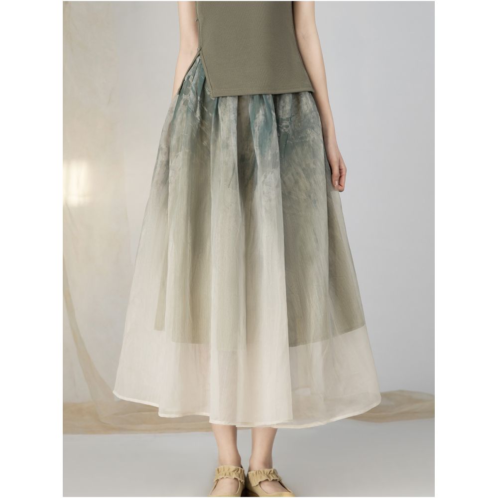 Yyan New Chinese Ink Gradient Half Skirt 2024 New Summer High Waist Green Hundred Fold Half Skirt for Women image 25