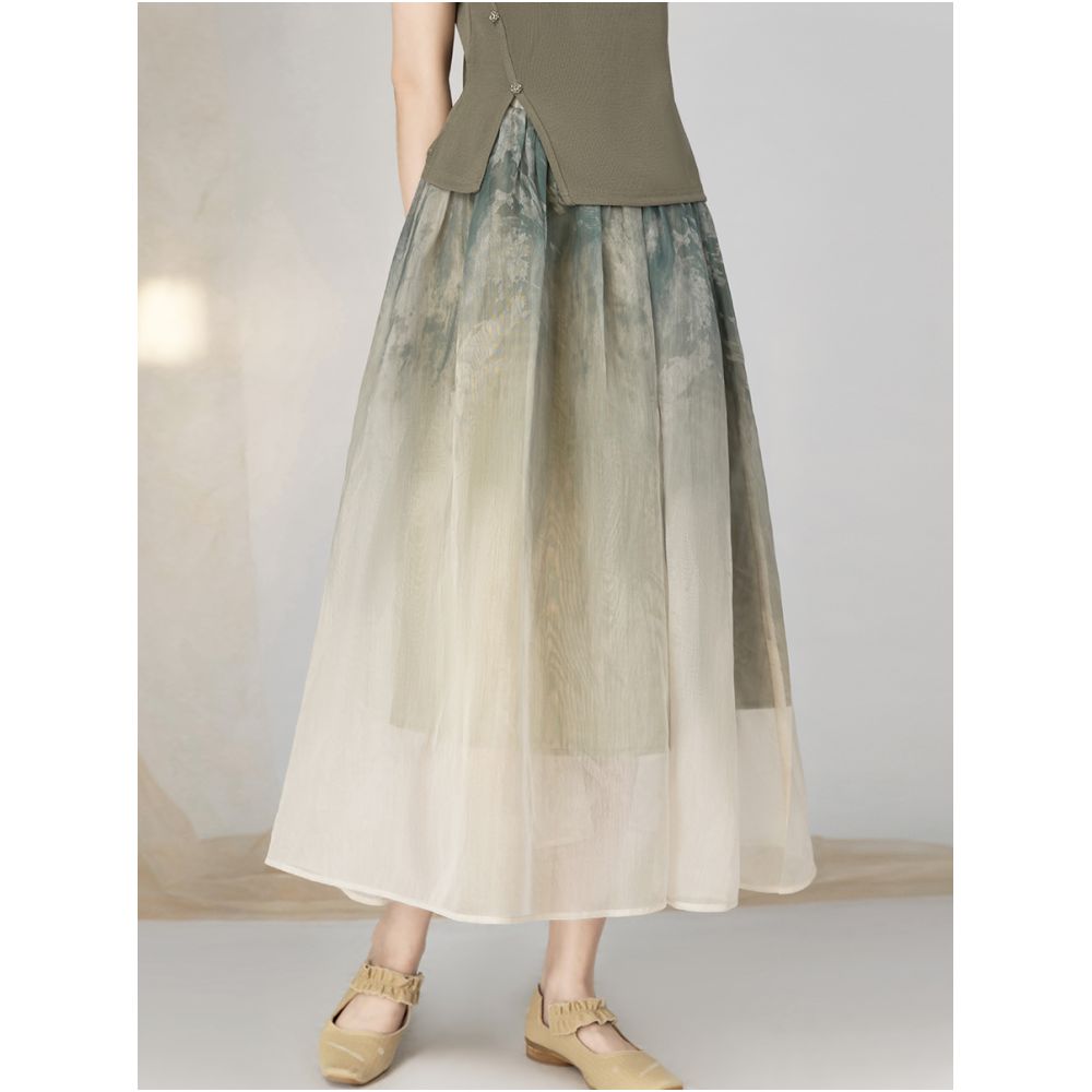 Yyan New Chinese Ink Gradient Half Skirt 2024 New Summer High Waist Green Hundred Fold Half Skirt for Women image 13