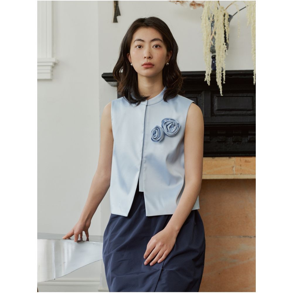 YUANYE handmade rose decoration original custom fabric blue new Chinese style standing collar vest spring and summer image 8