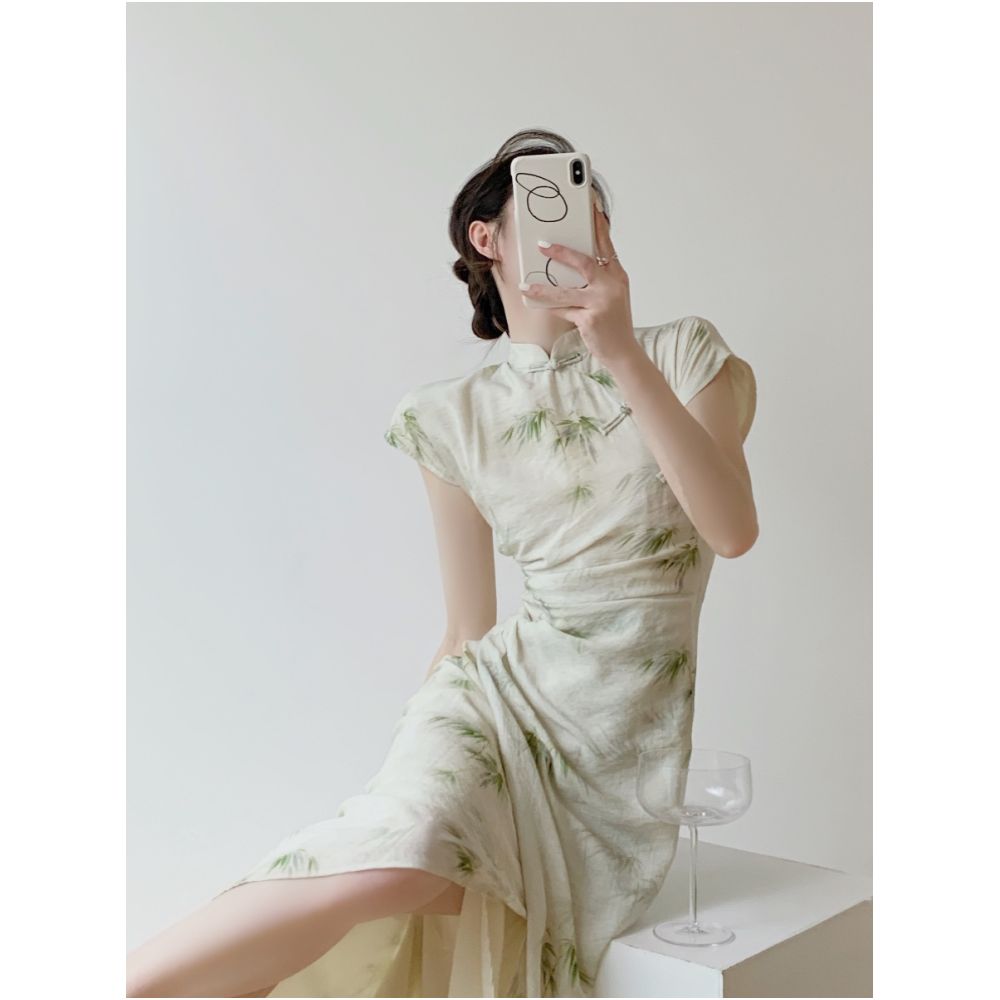 Srose Bamboo Noise Original New Chinese Retro Folding Short sleeved Cheongsam Skirt Improved Design Chinese Style Dress image 0