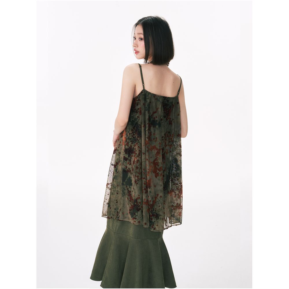 Yang Er s Dream Original New Chinese Green Plush Splicing Fish Tail Dress 2025 Women s Summer Strap Skirt Long Skirt image 3