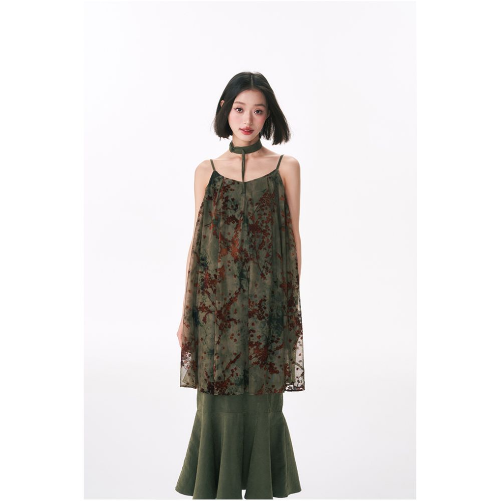 Yang Er s Dream Original New Chinese Green Plush Splicing Fish Tail Dress 2025 Women s Summer Strap Skirt Long Skirt image 6