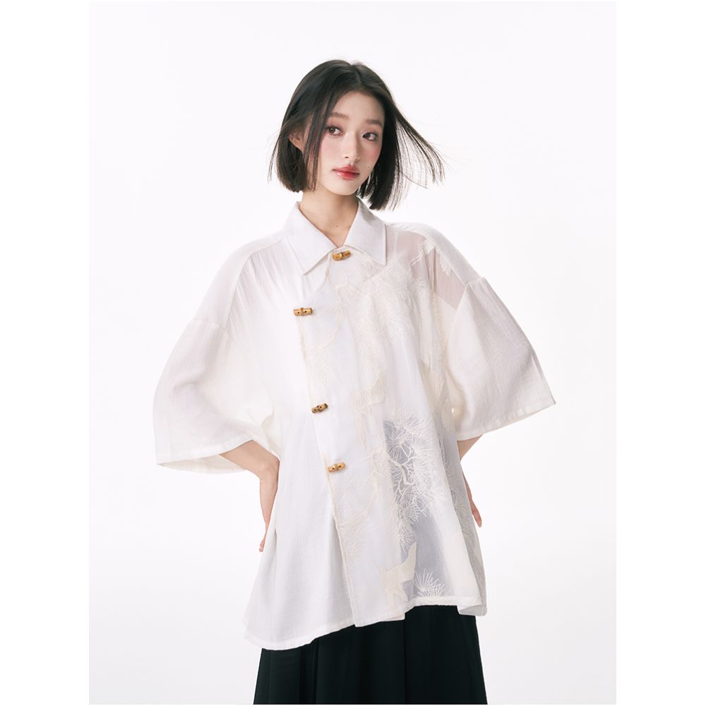 Yang Er s Dream Original New Chinese style Crane Embroidered Splicing Bamboo Buckle Shirt for Women with a Design Sense and a Niche Women s Shirt image 0