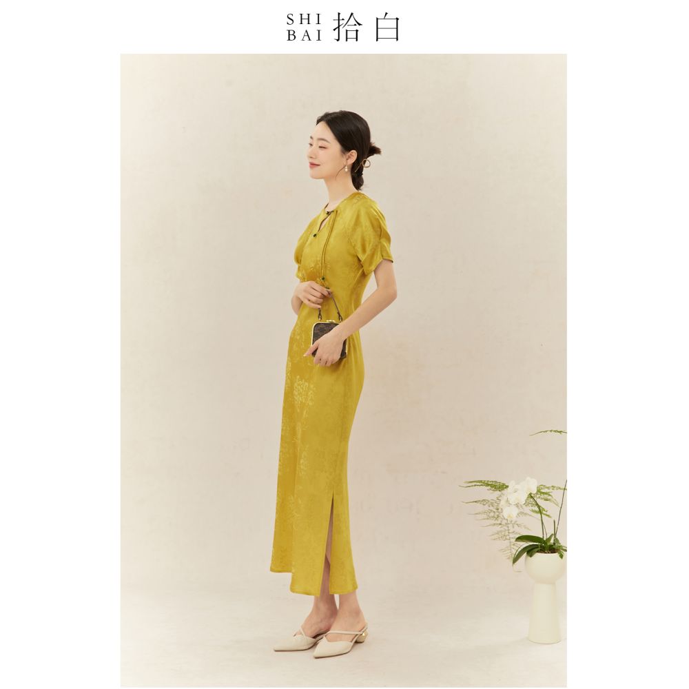 SHIBAI Shibai new Chinese style dress original national style women s elegant yellow skirt female tea service daily commuting image 2