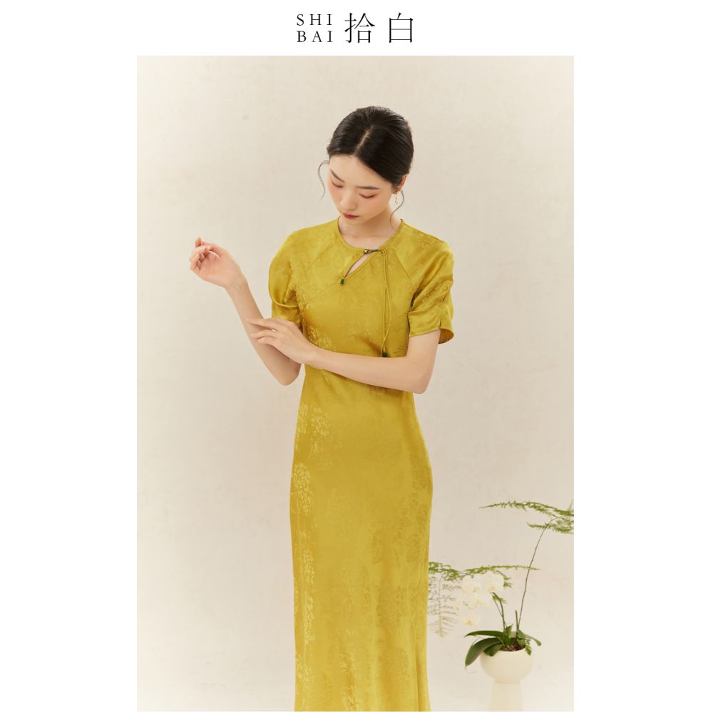 SHIBAI Shibai new Chinese style dress original national style women s elegant yellow skirt female tea service daily commuting image 3