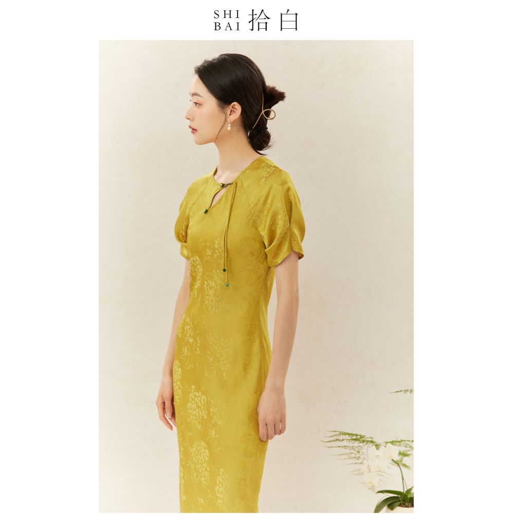 SHIBAI Shibai new Chinese style dress original national style women s elegant yellow skirt female tea service daily commuting image 4