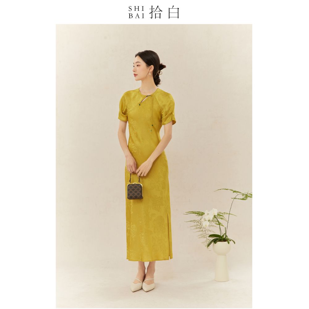 SHIBAI Shibai new Chinese style dress original national style women s elegant yellow skirt female tea service daily commuting image 5