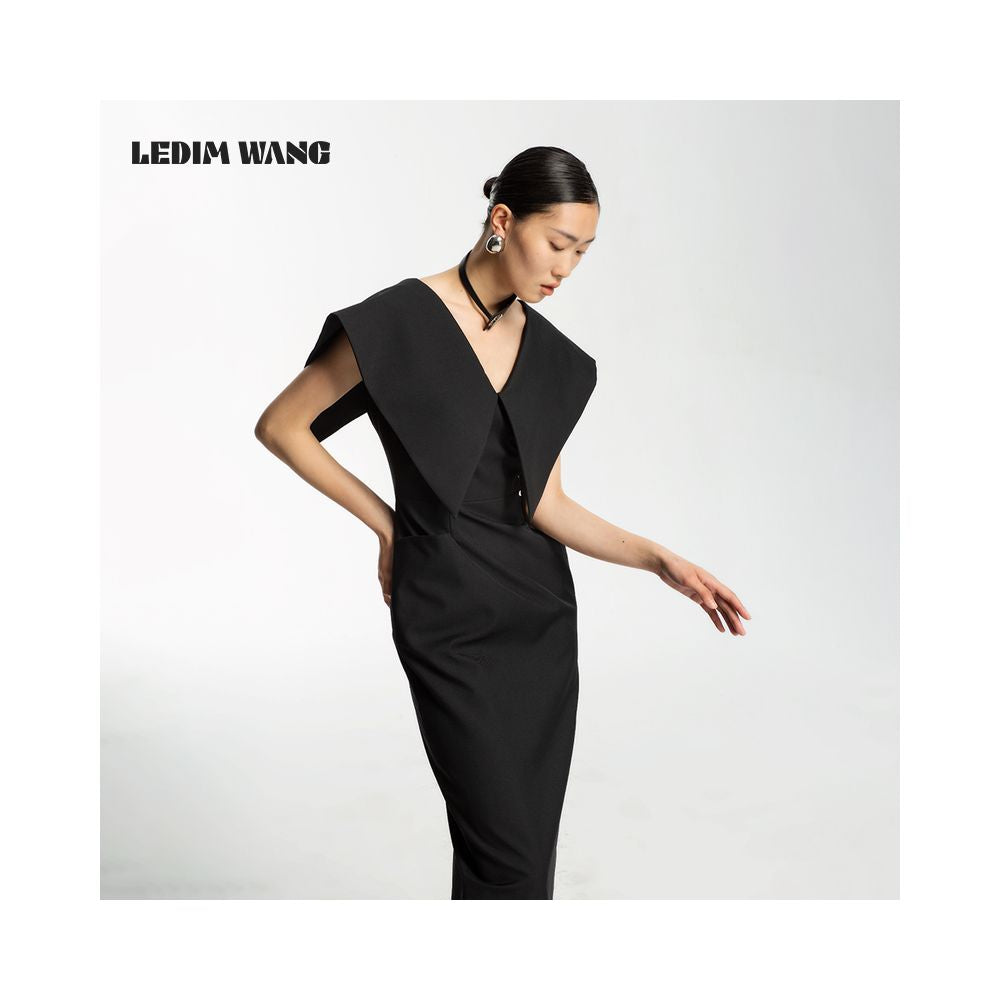 LEDIM WANG Celebrity Same Style Dress for Women 2023 Summer New V neck Slim Black Long Dress image 12
