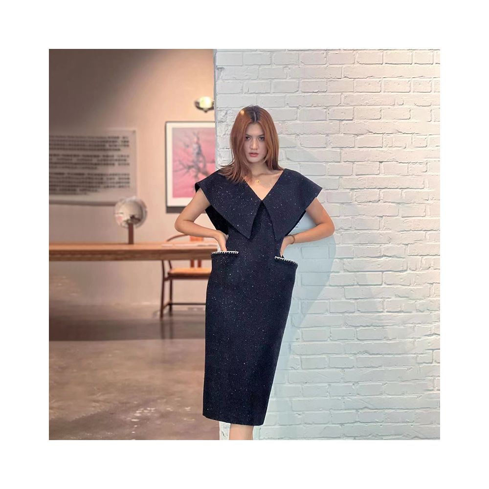 LEDIM WANG Celebrity Same Style Dress for Women 2023 Summer New V neck Slim Black Long Dress image 19