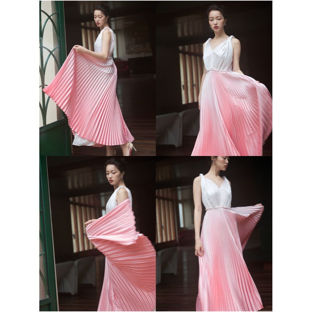 Fixed dyeing gradient pink full body pleated craft three dimensional design Greek goddess dress image 4